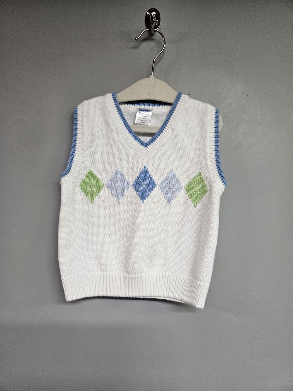 Vintage Gyboree Boys 18 Month White Argyle Knit Vest with Blue & Green Accents